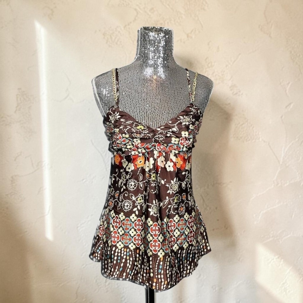 Vintage Y2K Satin Floral Ruched Babydoll Cami Top Fairy Whimsigoth Medium Party